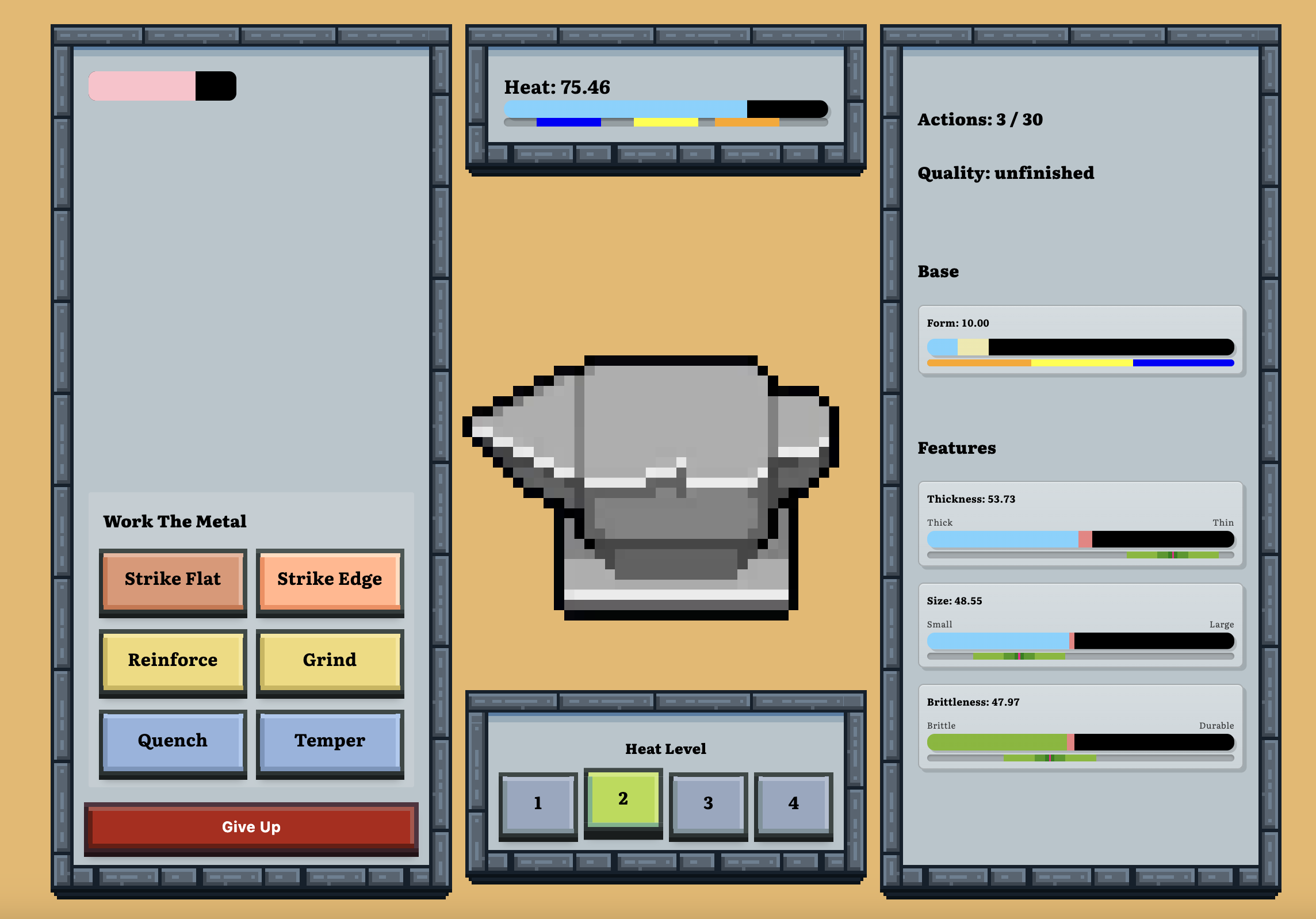 While the heat is in the target color zone, the buttons on the left raise the Base crafting bar